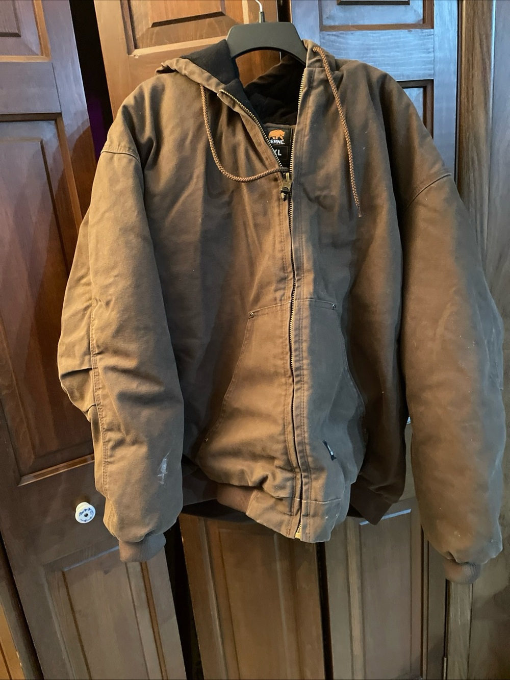 Berne Jacket Mens 3XL Brown Canvas Hooded Insulated Workwear Bomber HJ376BB